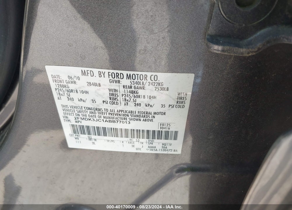 2010 FORD EDGE SEL VIN: 2FMDK3JC1ABB77013