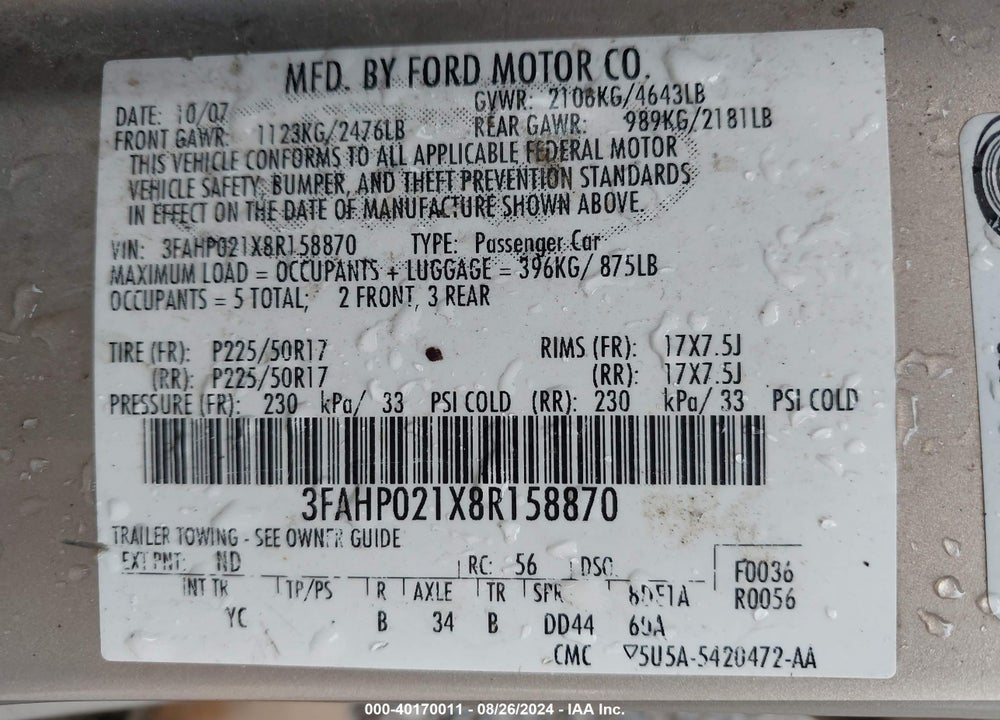 2008 FORD FUSION VIN: 3FAHP021X8R158870