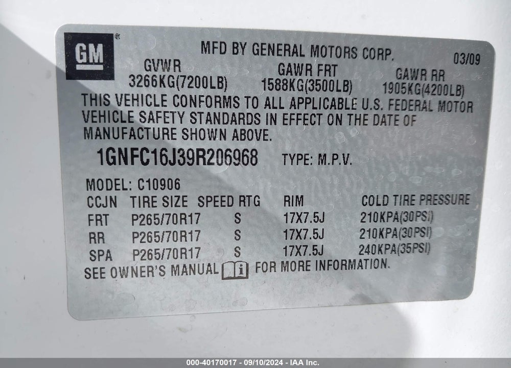 2009 CHEVROLET SUBURBAN 1500 LS VIN: 1GNFC16J39R206968