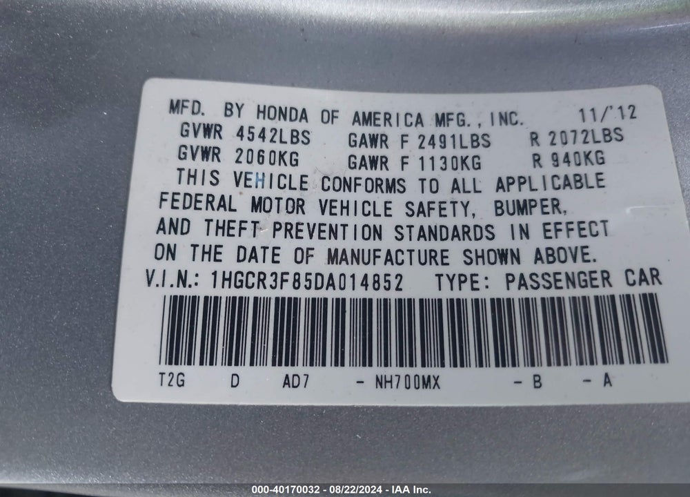 2013 HONDA ACCORD EX-L V-6 VIN: 1HGCR3F85DA014852