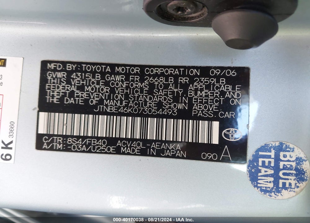 2007 TOYOTA CAMRY LE VIN: JTNBE46K073054493
