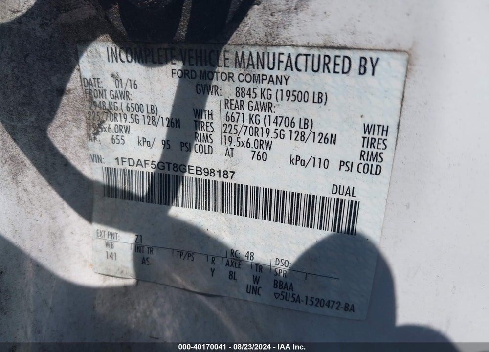2016 FORD F-550 CHASSIS XL VIN: 1FDAF5GT8GEB98187