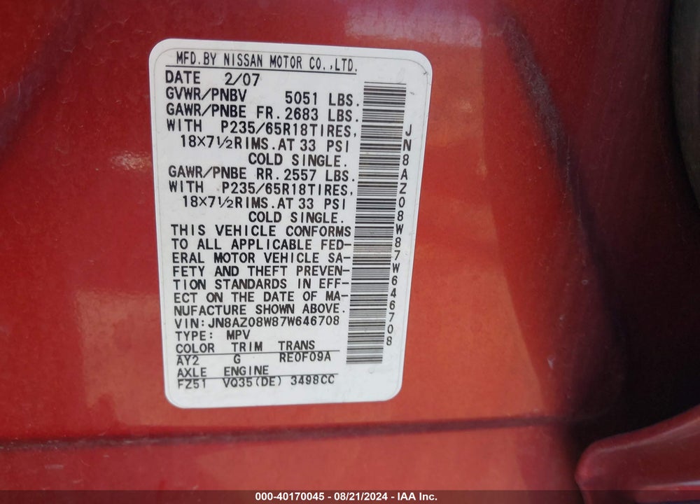 2007 NISSAN MURANO SL VIN: JN8AZ08W87W646708