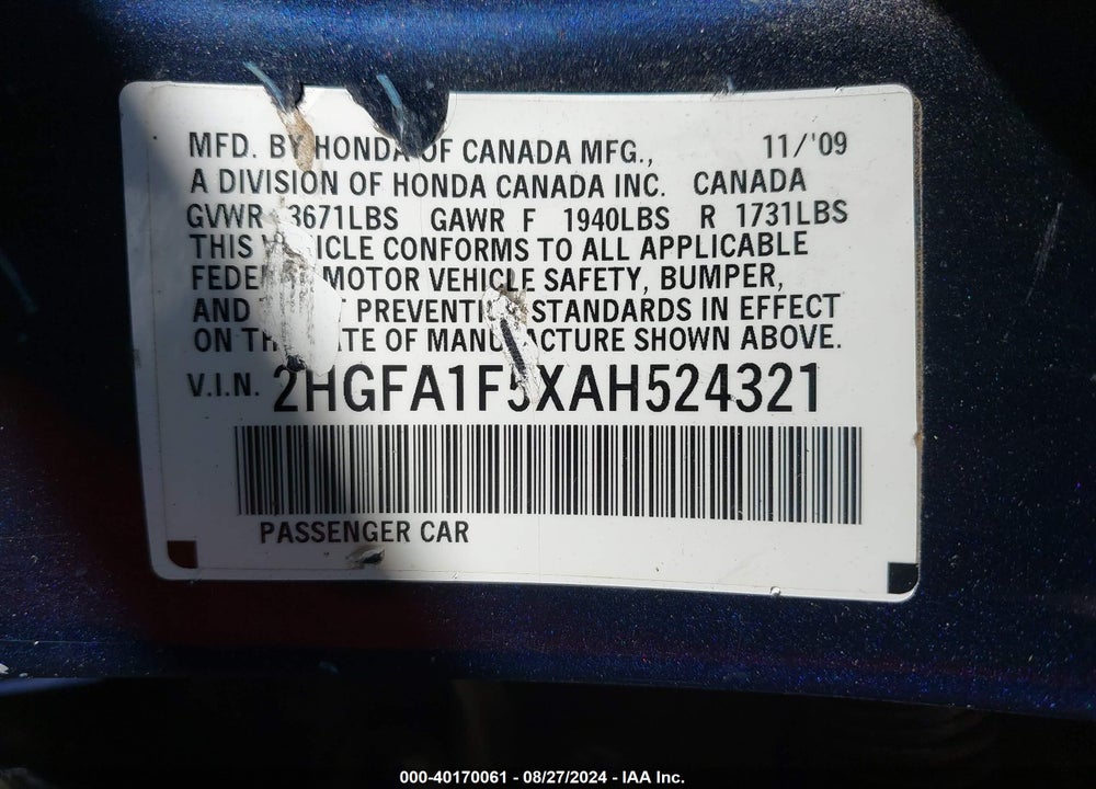 2010 HONDA CIVIC LX VIN: 2HGFA1F5XAH524321