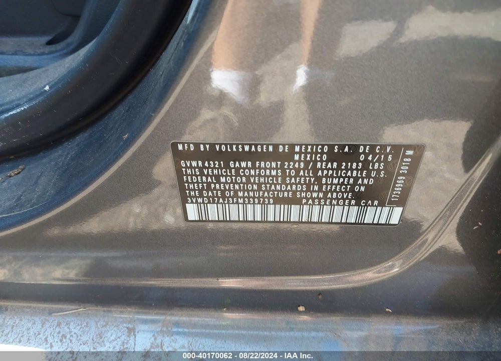 2015 VOLKSWAGEN JETTA 1.8T SE VIN: 3VWD17AJ3FM339739