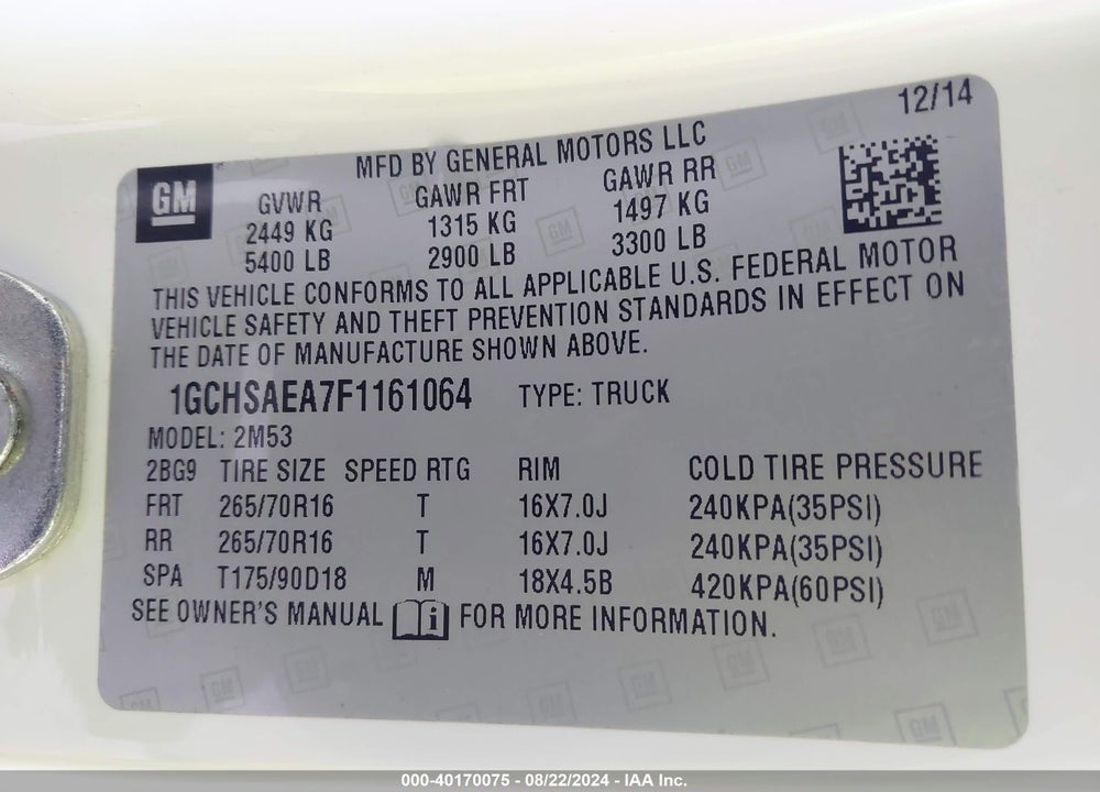 2015 CHEVROLET COLORADO WT VIN: 1GCHSAEA7F1161064