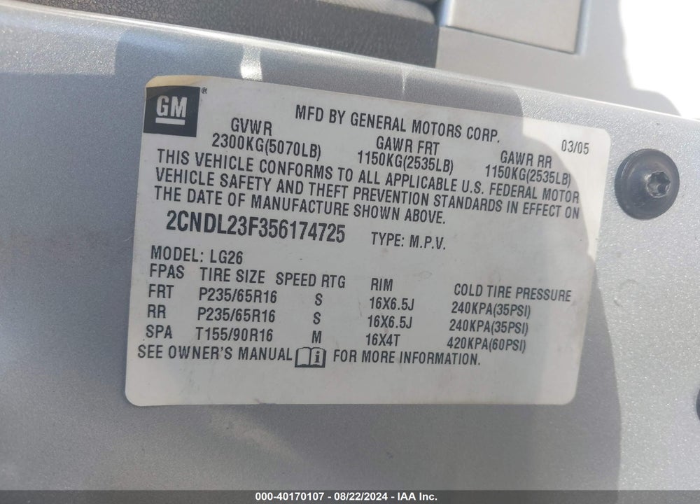 2005 CHEVROLET EQUINOX LS VIN: 2CNDL23F356174725
