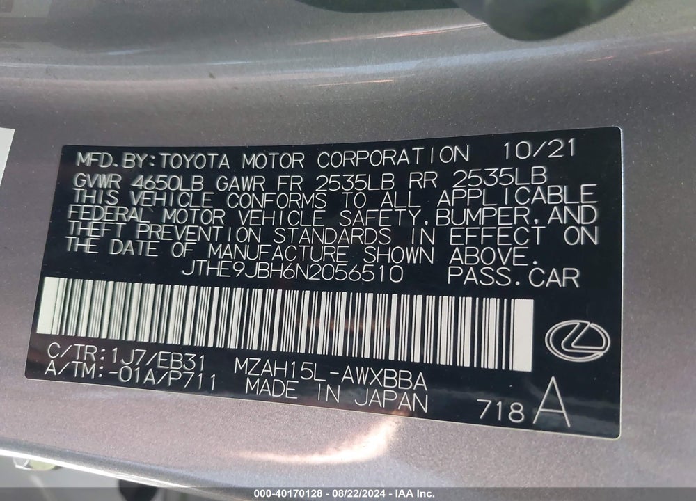 2022 LEXUS UX 250H F SPORT VIN: JTHE9JBH6N2056510