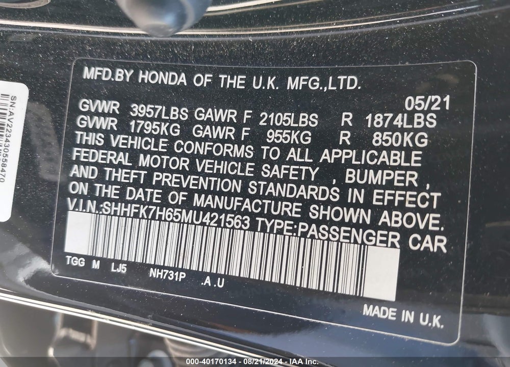 2021 HONDA CIVIC EX VIN: SHHFK7H65MU421563