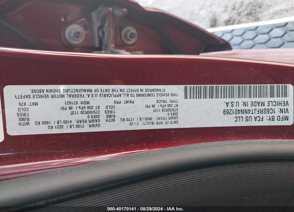 2022 RAM 1500 LAIE  4X4 5'7 BOX VIN: 1C6SRFJT4NN401269