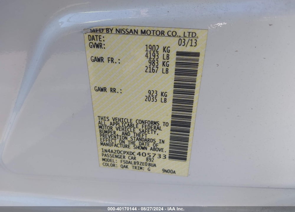 2013 NISSAN LEAF S VIN: 1N4AZ0CPXDC405733