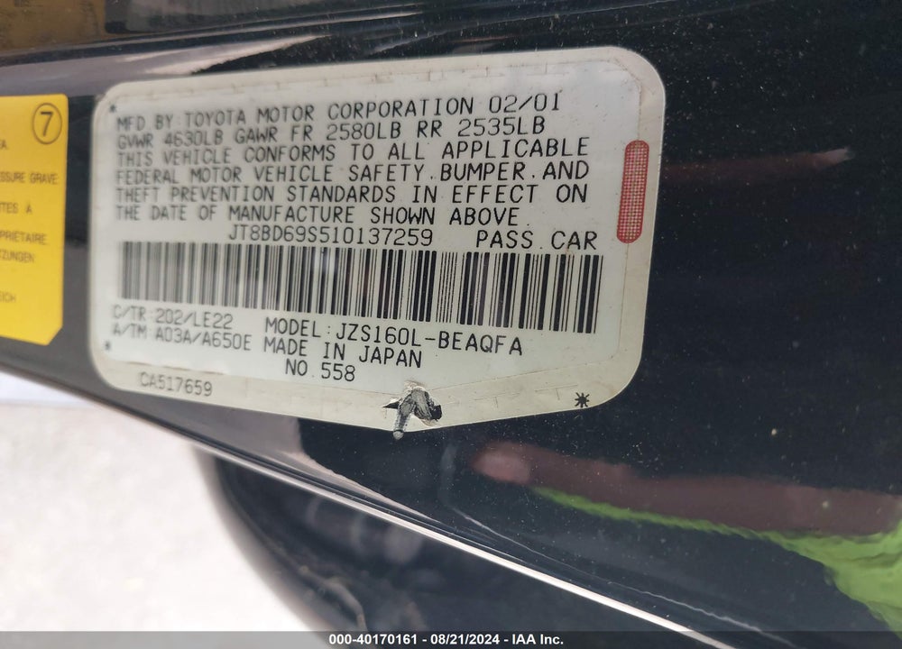 2001 LEXUS GS 300 VIN: JT8BD69S510137259