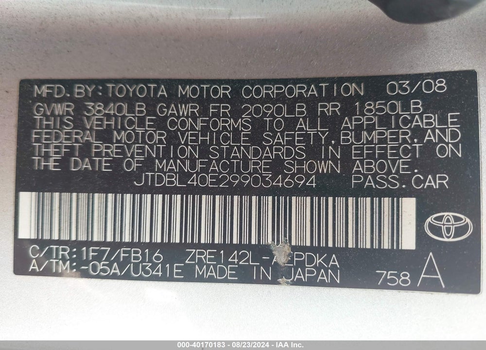 2009 TOYOTA COROLLA VIN: JTDBL40E299034694