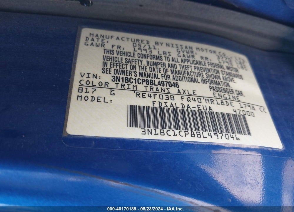 2011 NISSAN VERSA VIN: 3N1BC1CP8BL497046
