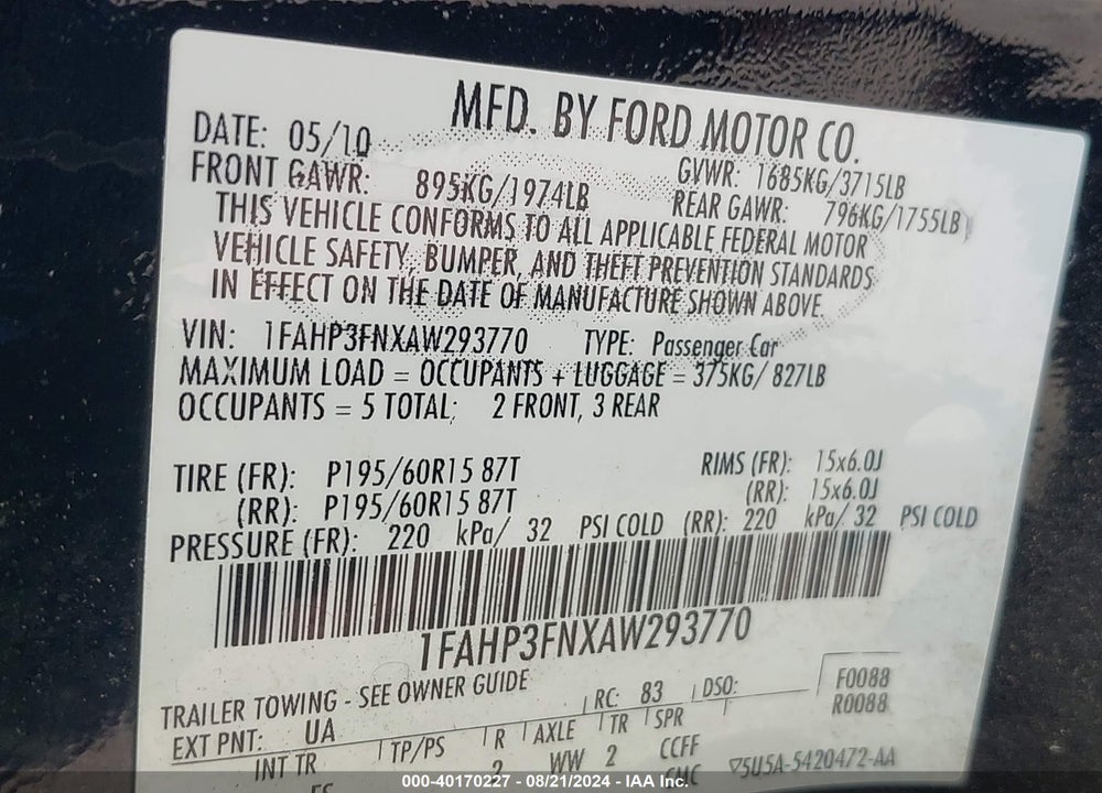 2010 FORD FOCUS SE VIN: 1FAHP3FNXAW293770