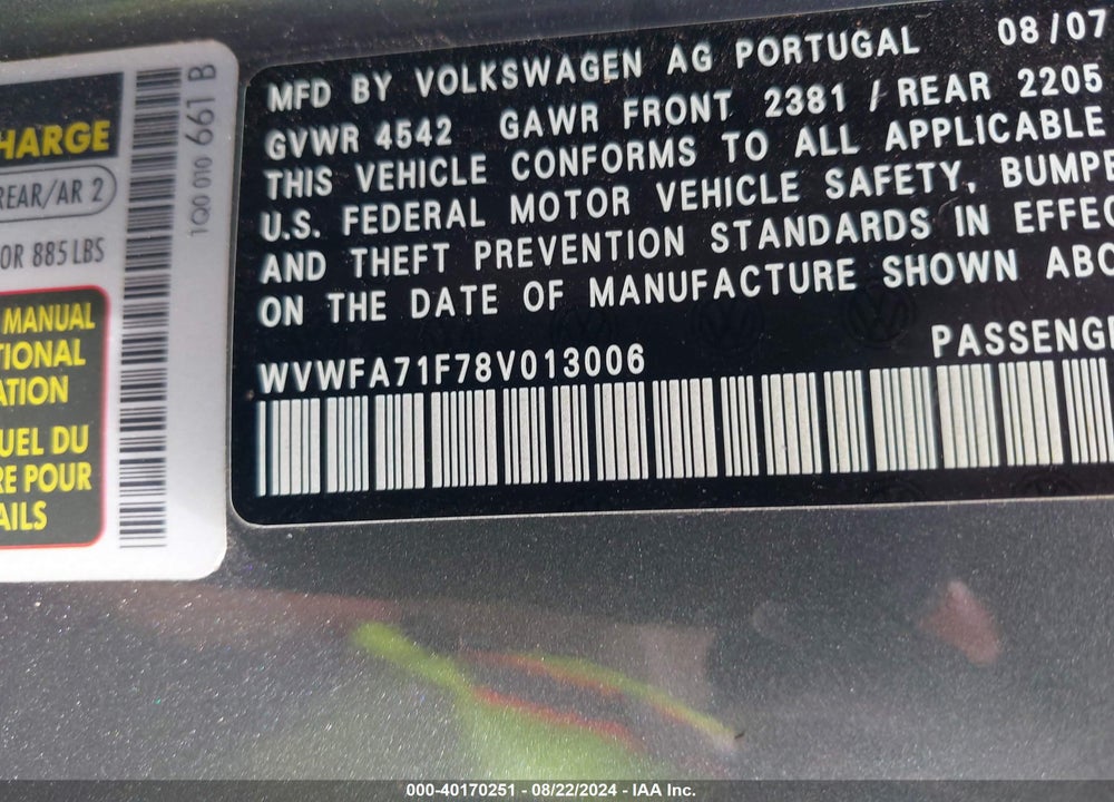 2008 VOLKSWAGEN EOS LUX VIN: WVWFA71F78V013006
