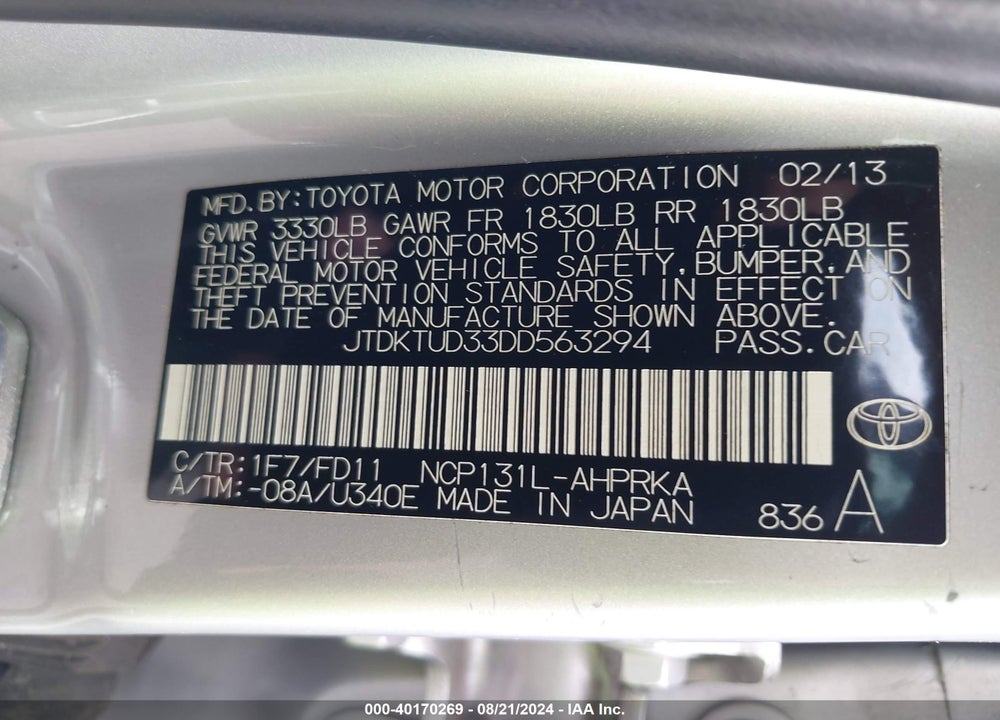 2013 TOYOTA YARIS SE VIN: JTDKTUD33DD563294
