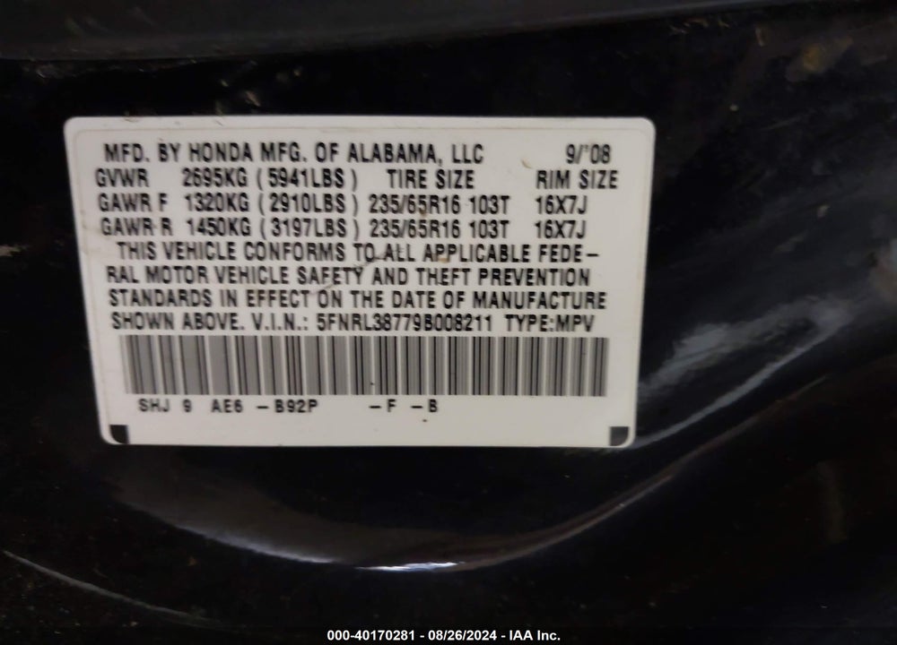 2009 HONDA ODYSSEY VIN: 5FNRL38779B008211