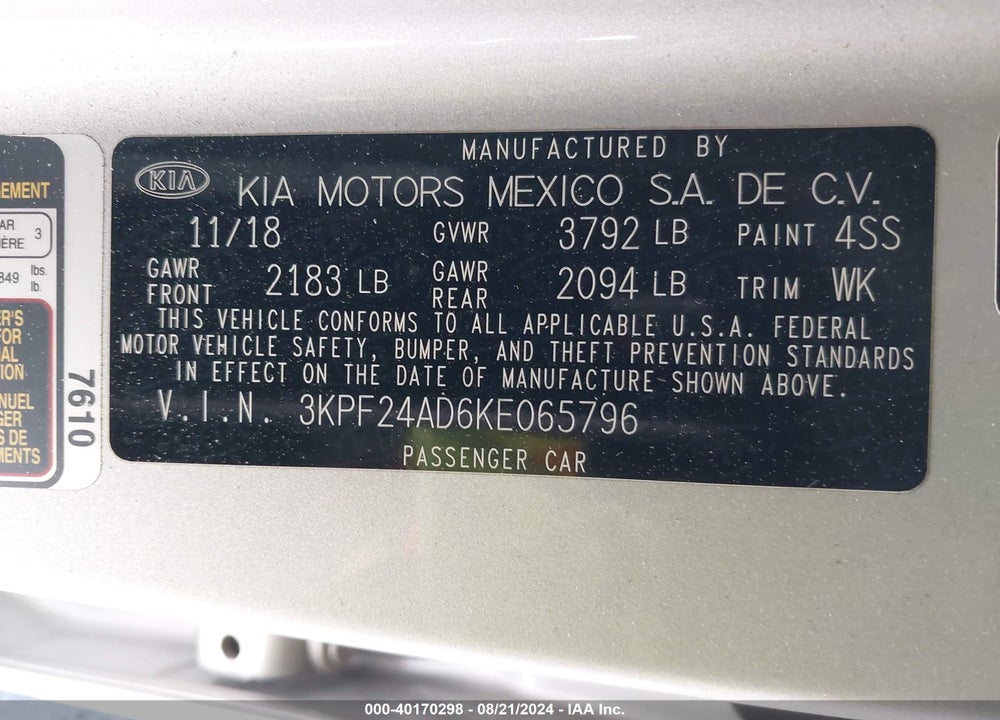 2019 KIA FORTE LXS VIN: 3KPF24AD6KE065796