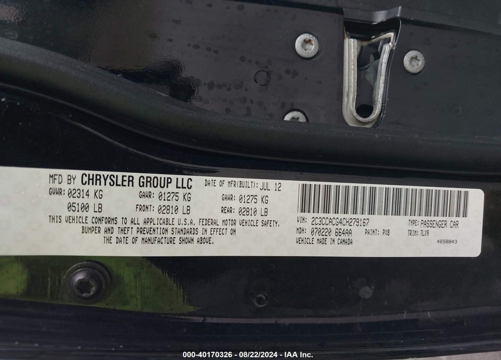 2012 CHRYSLER 300 LIMITED VIN: 2C3CCACG4CH279167