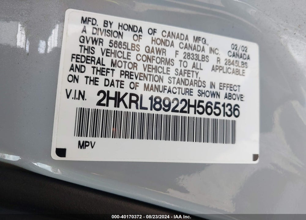 2002 HONDA ODYSSEY EX-L VIN: 2HKRL18922H565136