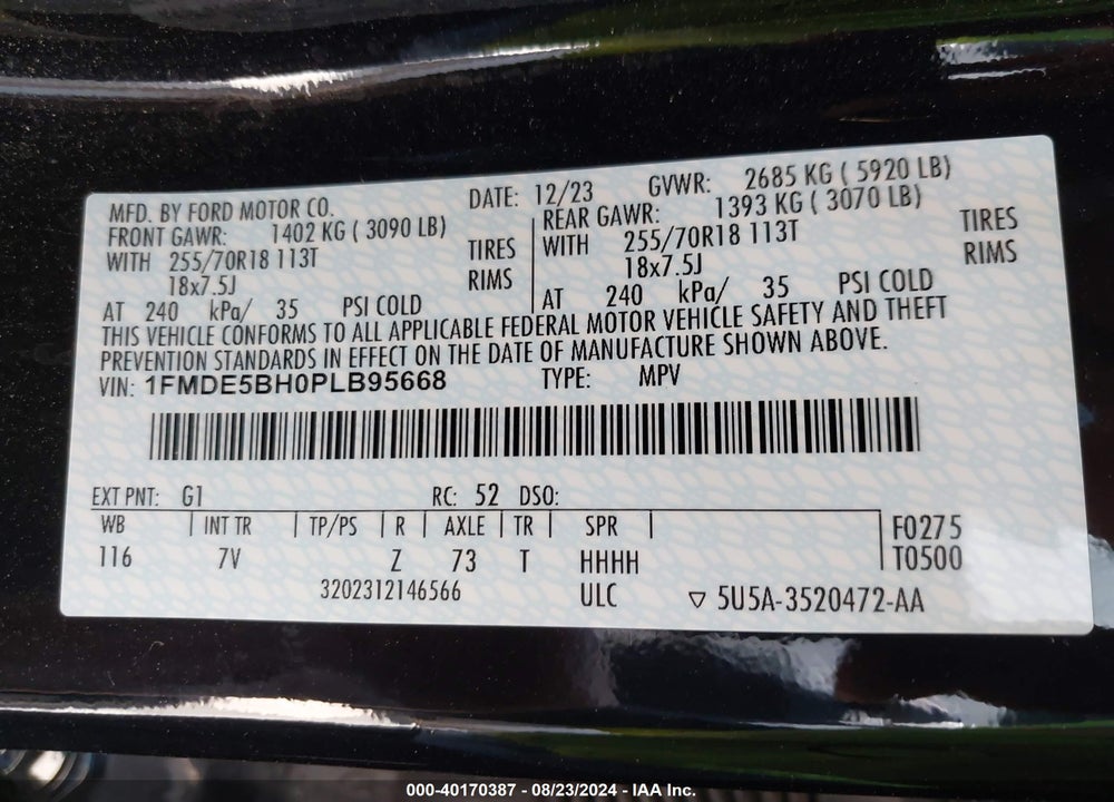 2023 FORD BRONCO OUTER BANKS VIN: 1FMDE5BH0PLB95668