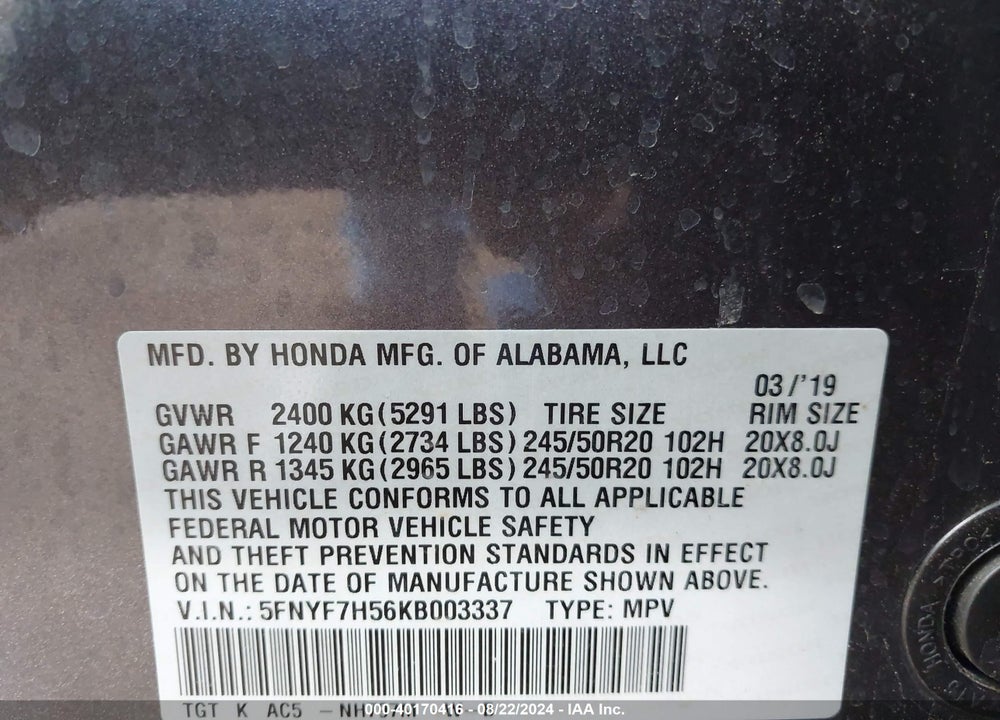 2019 HONDA PASSPORT EX-L VIN: 5FNYF7H56KB003337