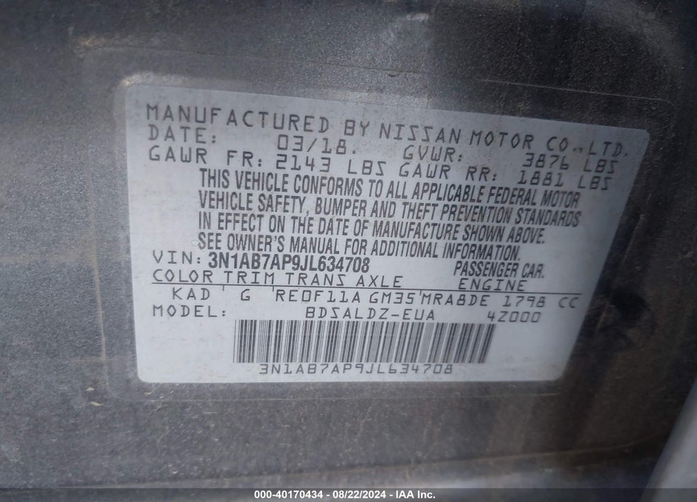 2018 NISSAN SENTRA SV VIN: 3N1AB7AP9JL634708