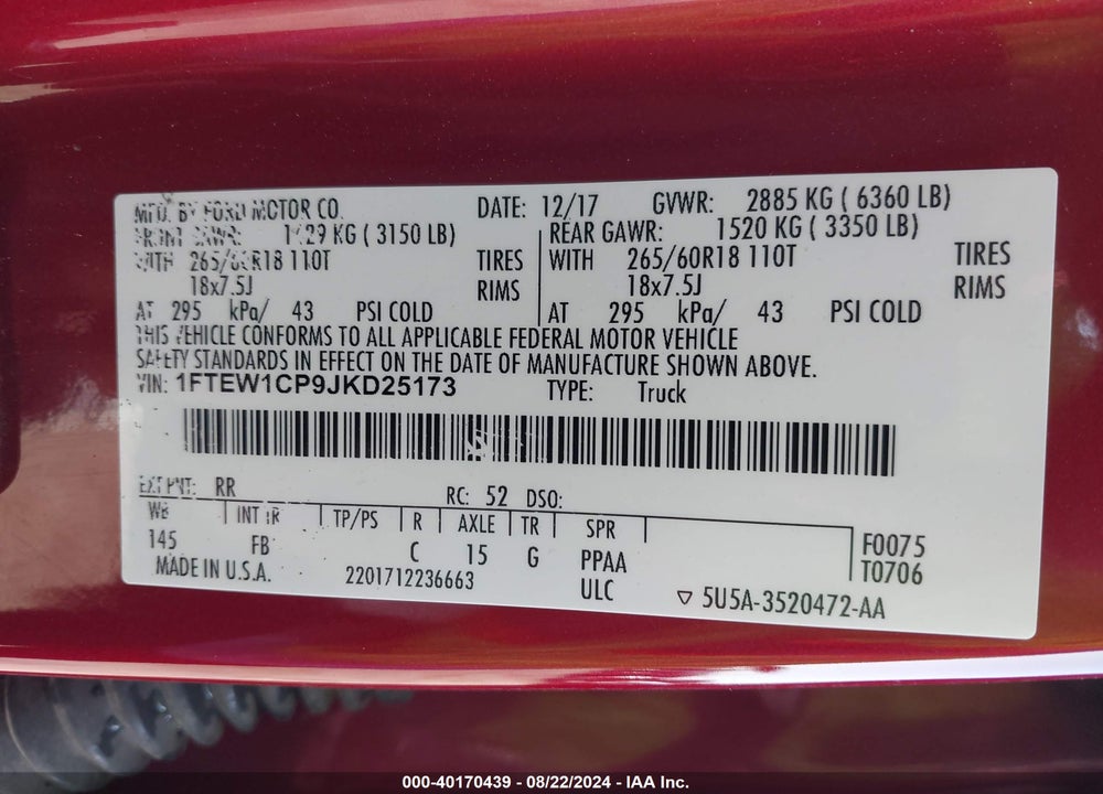 2018 FORD F-150 XLT VIN: 1FTEW1CP9JKD25173
