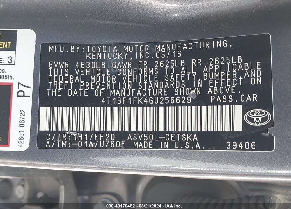 2016 TOYOTA CAMRY SE VIN: 4T1BF1FK4GU256629
