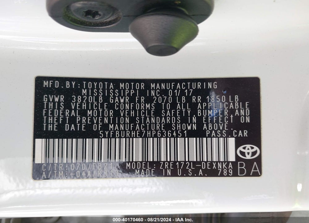 2017 TOYOTA COROLLA LE VIN: 5YFBURHE7HP636451