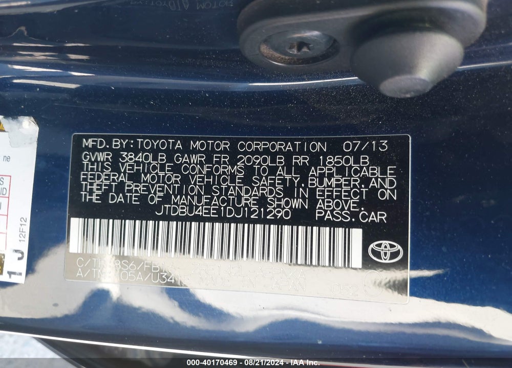 2013 TOYOTA COROLLA VIN: JTDBU4EE1DJ121290