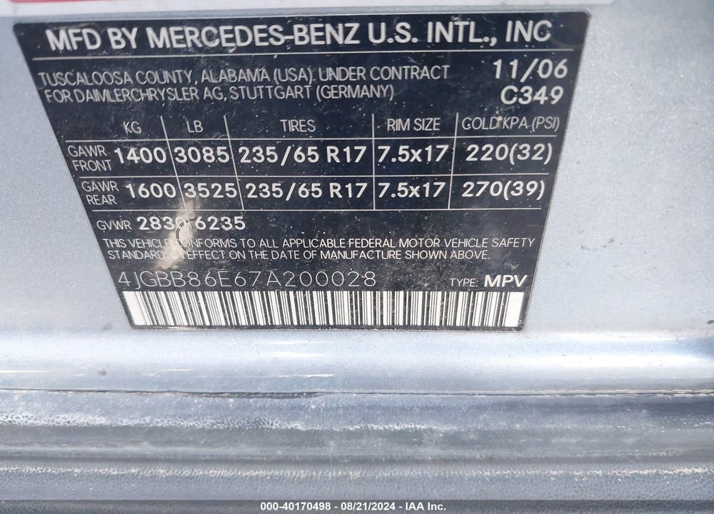 2007 MERCEDES-BENZ ML 350 4MATIC VIN: 4JGBB86E67A200028