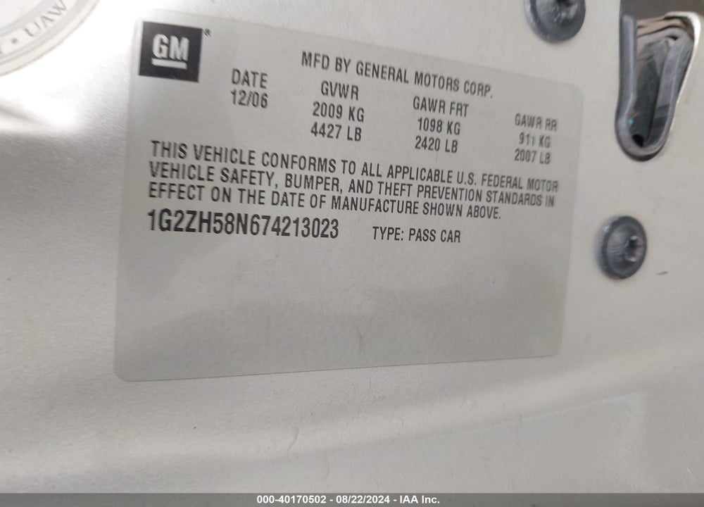 2007 PONTIAC G6 GT VIN: 1G2ZH58N674213023