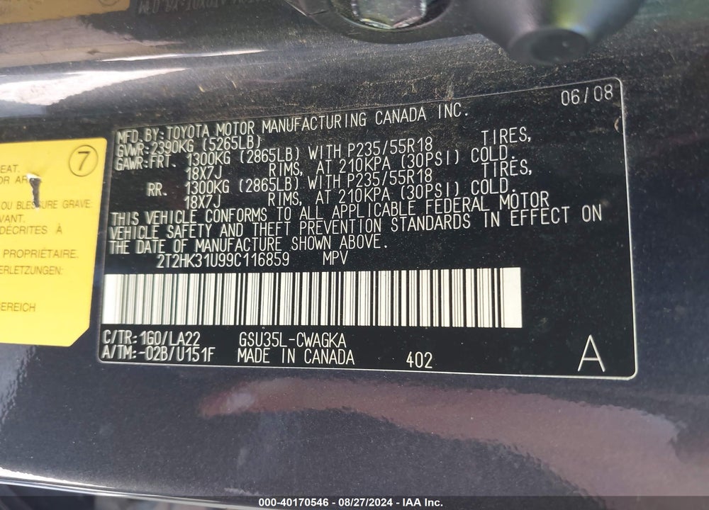 2009 LEXUS RX 350 VIN: 2T2HK31U99C116859