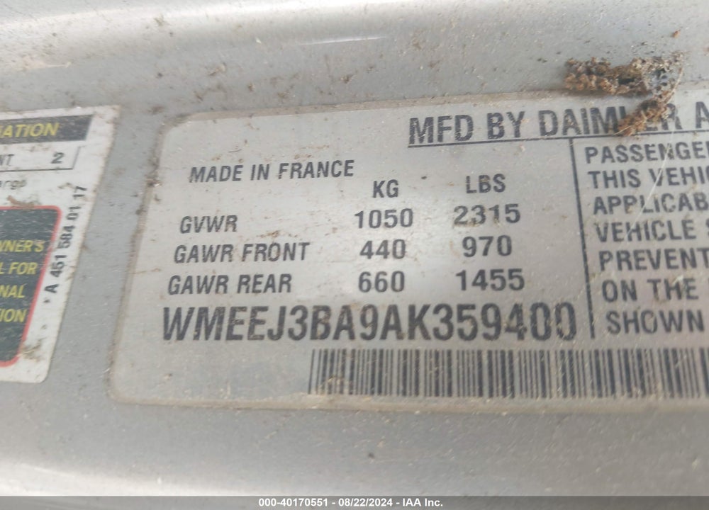 2010 SMART FORTWO PASSION/PURE VIN: WMEEJ3BA9AK359400