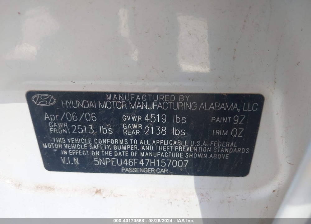 2007 HYUNDAI SONATA LIMITED/SE V6 VIN: 5NPEU46F47H157007