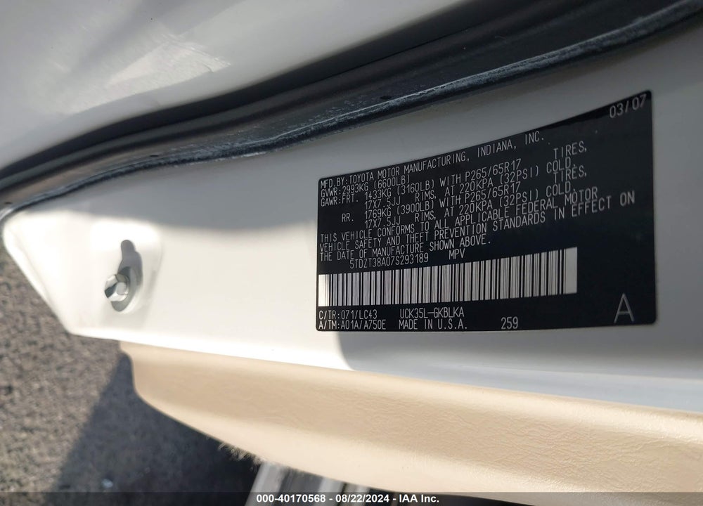 2007 TOYOTA SEQUOIA LIMITED V8 VIN: 5TDZT38A07S293189