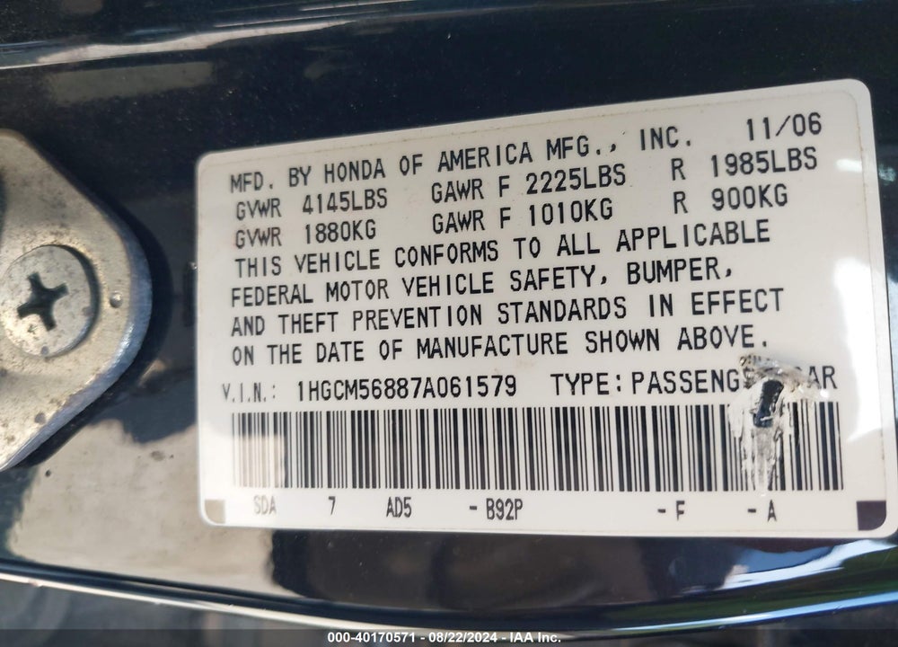 2007 HONDA ACCORD 2.4 EX VIN: 1HGCM56887A061579