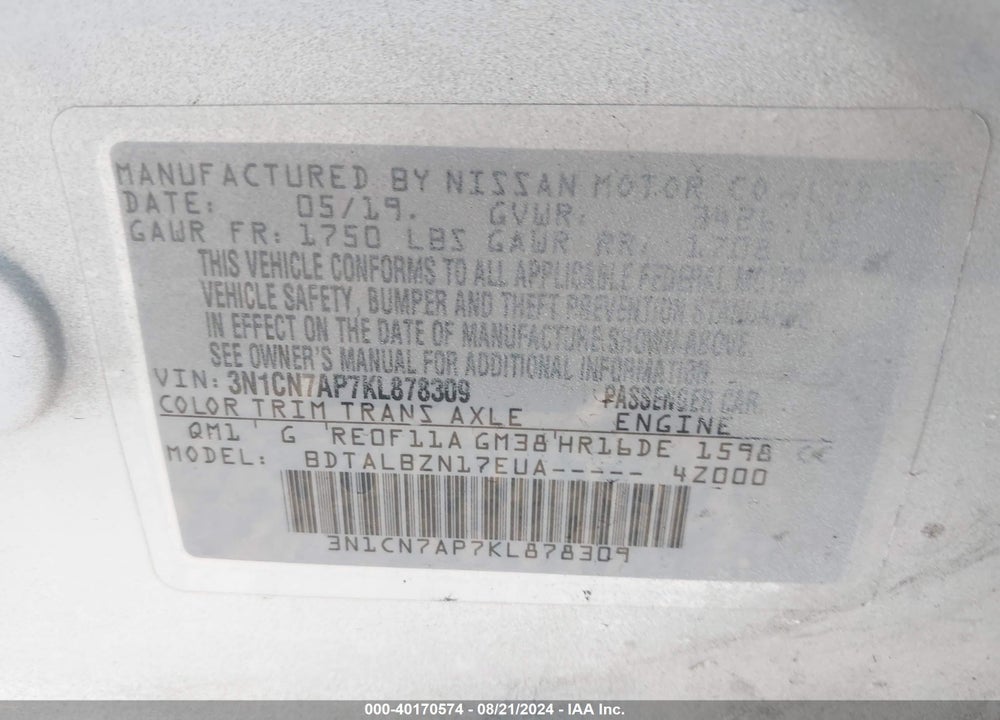 2019 NISSAN VERSA 1.6 SV VIN: 3N1CN7AP7KL878309