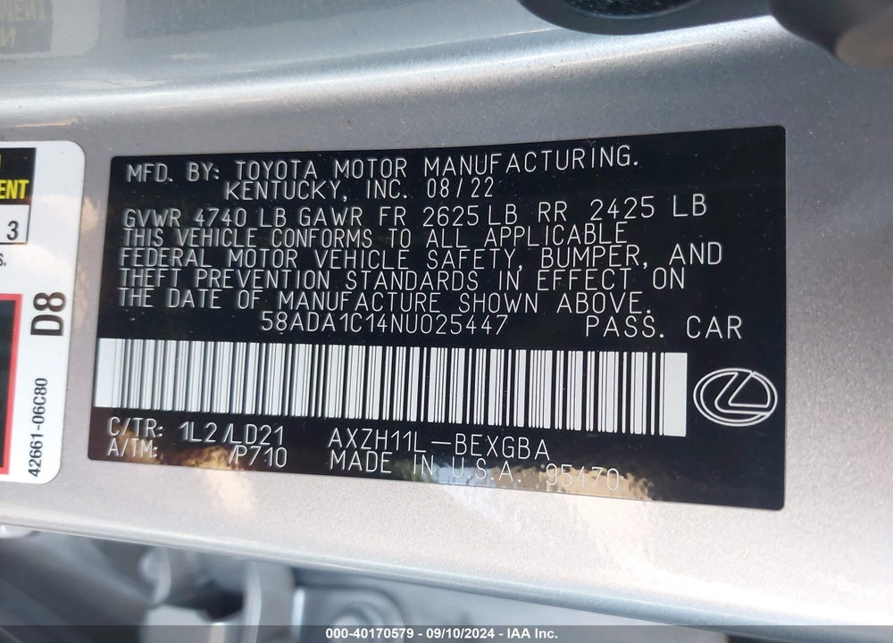 2022 LEXUS ES 300H VIN: 58ADA1C14NU025447