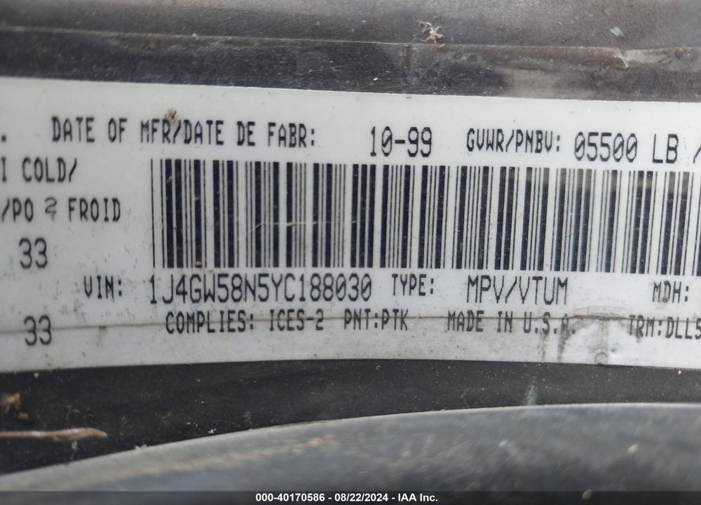 2000 JEEP GRAND CHEROKEE LIMITED VIN: 1J4GW58N5YC188030