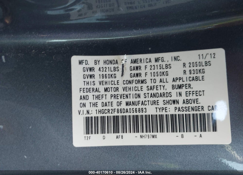 2013 HONDA ACCORD EX-L VIN: 1HGCR2F86DA056893