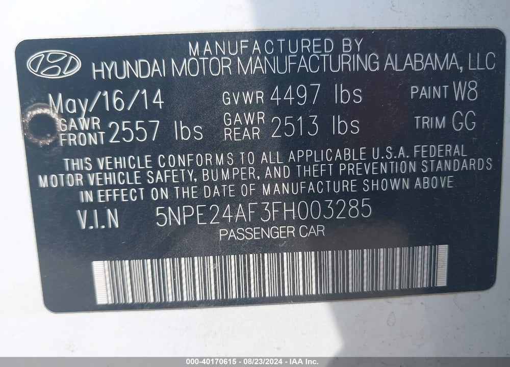 2015 HYUNDAI SONATA SE VIN: 5NPE24AF3FH003285