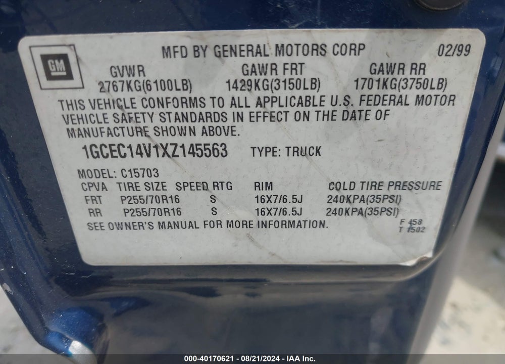 1999 CHEVROLET SILVERADO 1500 LS VIN: 1GCEC14V1XZ145563