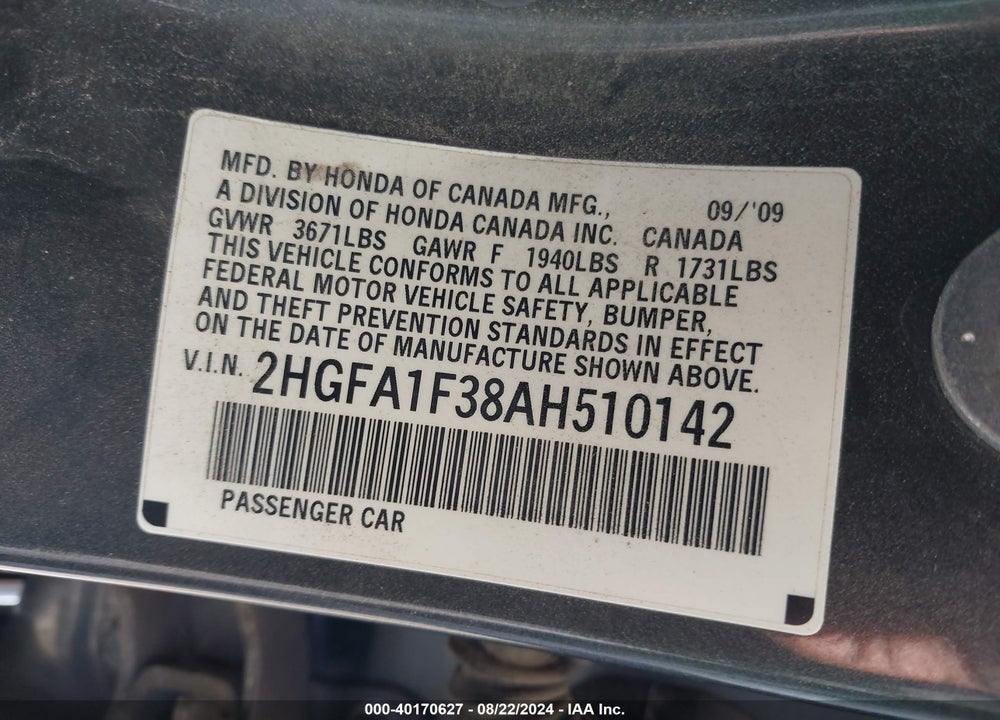 2010 HONDA CIVIC VIN: 2HGFA1F38AH510142