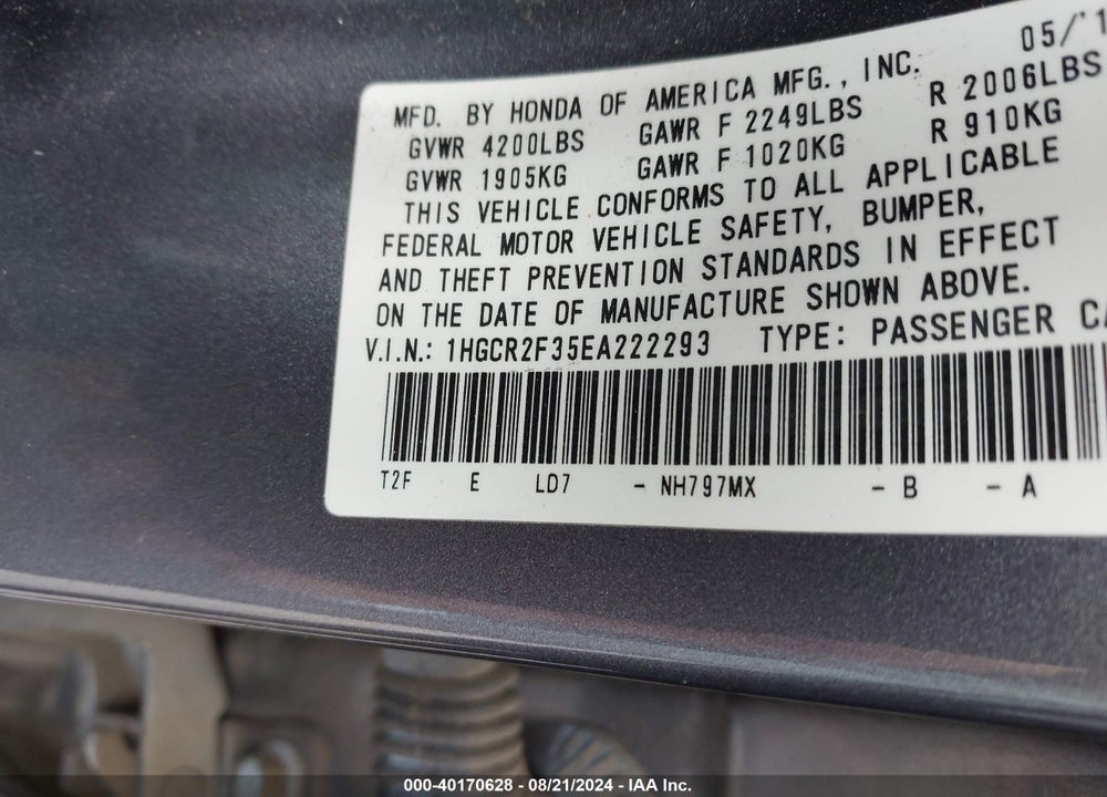 2014 HONDA ACCORD LX VIN: 1HGCR2F35EA222293