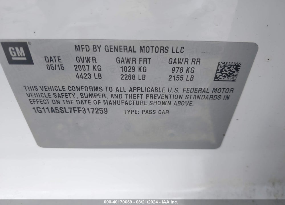 2015 CHEVROLET MALIBU 1FL VIN: 1G11A5SL7FF317259