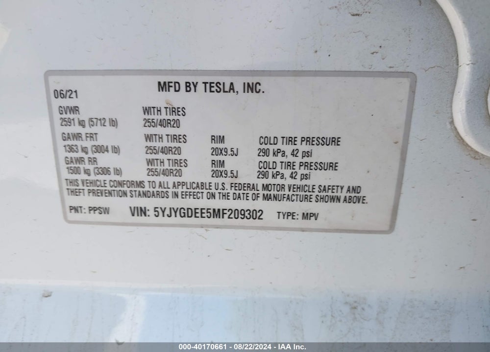 2021 TESLA MODEL Y LONG RANGE DUAL MOTOR ALL-WHEEL DRIVE VIN: 5YJYGDEE5MF209302