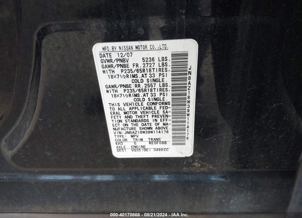 2009 NISSAN MURANO SL VIN: JN8AZ18W39W114176